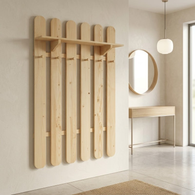 Wardrobe wall coat rack made of solid pine wood wardrobe with 7 hooks