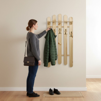 Handcrafted wall coat rack made of solid pine wood wardrobe with 5 hooks