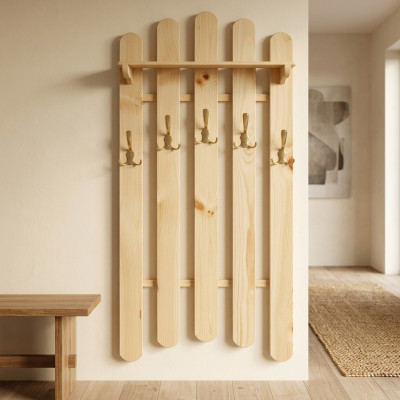 Handcrafted wall coat rack made of solid pine wood wardrobe with 5 hooks
