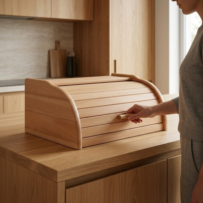 Beech Bread Box 40 cm Bread Box Roll Top Bread Roll Flap Real Wood Case