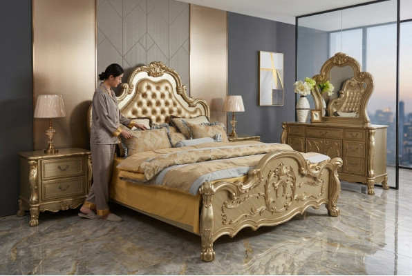 Bed upholstered bed luxury double bedroom baroque wood leather beds