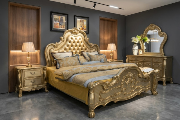 Bed upholstered bed luxury double bedroom baroque wood leather beds