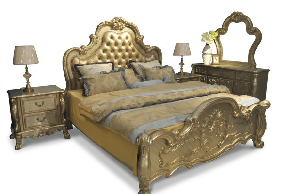 Bed upholstered bed luxury double bedroom baroque wood leather beds