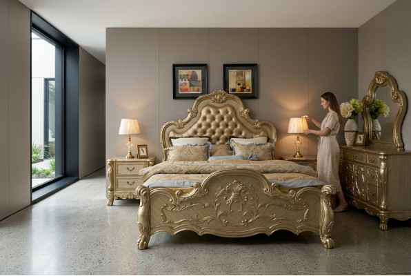 Bed + 2x Nightstands 3-piece Bedroom Set Designer Luxury Bedroom Baroque
