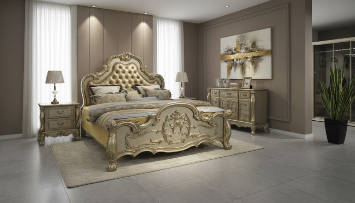 Bed + 2x Nightstands 3-piece Bedroom Set Designer Luxury Bedroom Baroque
