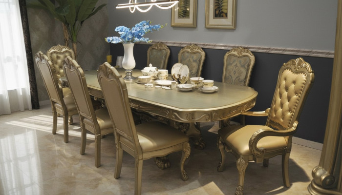 Royal dining table with 6 chairs complete decor dining room set, 7 pieces.