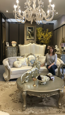 Round sofa, wood carved four-seater couch, leather Chesterfield living.
