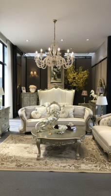 Round sofa, wood carved four-seater couch, leather Chesterfield living.