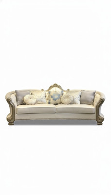Round sofa, wood carved four-seater couch, leather Chesterfield living.