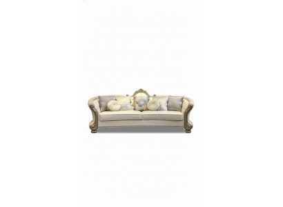 Round sofa, wood carved four-seater couch, leather Chesterfield living.