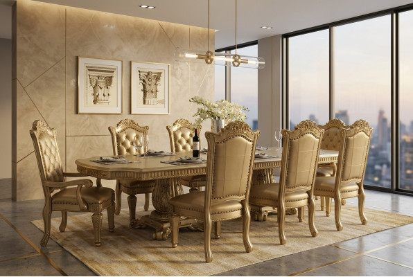 Complete beige dining room ambiance designer dining table with chairs