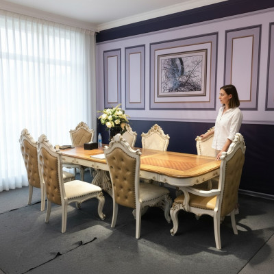 White and brown dining room set, large dining table with leather chairs