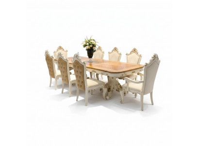White and brown dining room set, large dining table with leather chairs