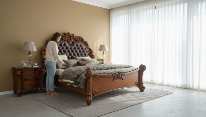 Bedroom set bed + 2x nightstand Chesterfield wood leather beds upholstery