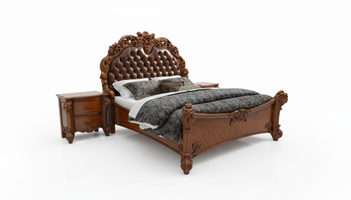 Bedroom set bed + 2x nightstand Chesterfield wood leather beds upholstery