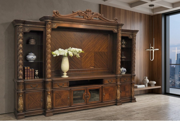 Television Wall Classic Living Room Wall Real Handcrafted Wood Display Cabinet Shelf