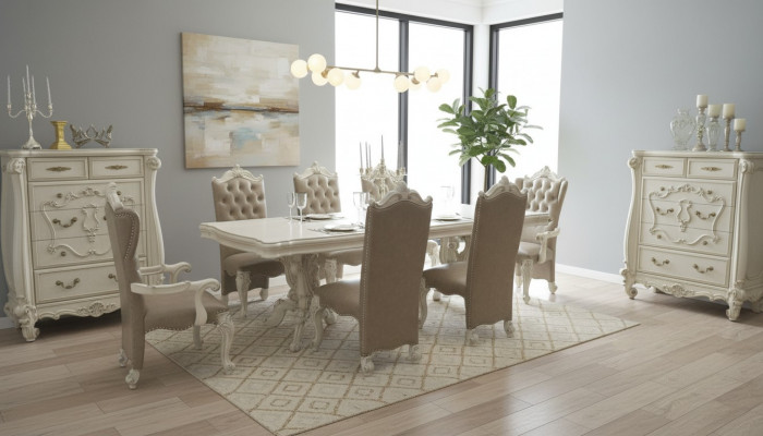 Antique white dining room set large dining table with leather Chesterfield chairs