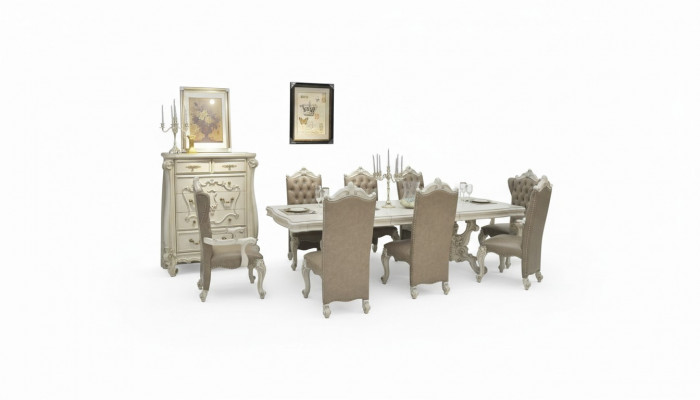 Antique white dining room set large dining table with leather Chesterfield chairs