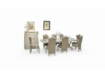 Antique white dining room set large dining table with leather Chesterfield chairs