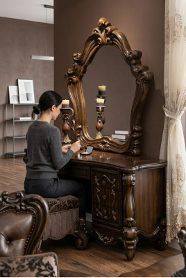 Carved Baroque Furniture Dressing Table Stool Mirror Bedroom Dresser 3-piece Set