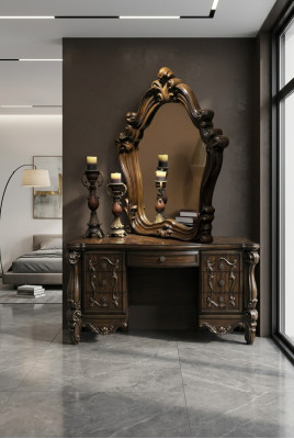 Carved Baroque Furniture Dressing Table Stool Mirror Bedroom Dresser 3-piece Set