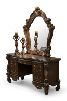 Carved Baroque Furniture Dressing Table Stool Mirror Bedroom Dresser 3-piece Set