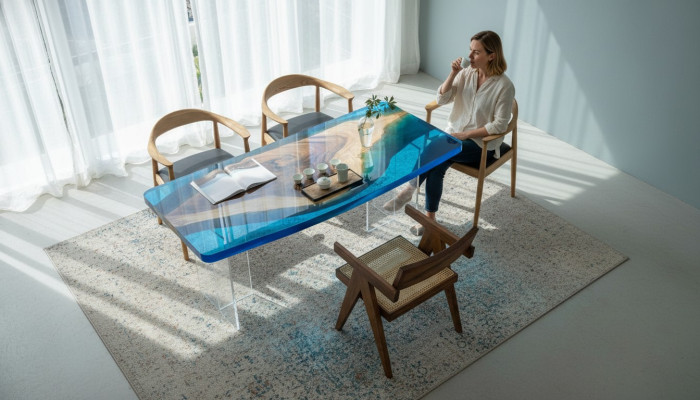 Dining Table Blue River Table Real Wood 200x90 Tables Epoxy Resin New