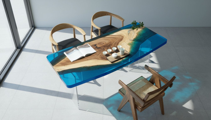 Dining Table Blue River Table Real Wood 200x90 Tables Epoxy Resin New