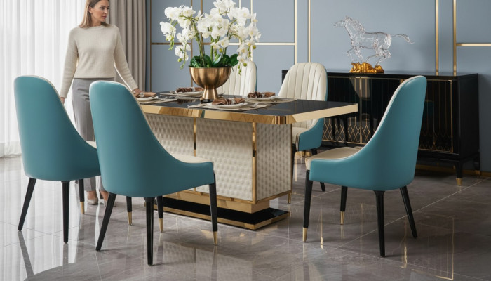 Designer wood dining room set table with 4 armchairs set ensemble