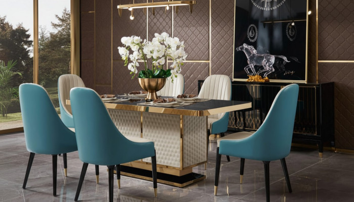Designer wood dining room set table with 4 armchairs set ensemble
