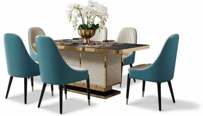 Designer wood dining room set table with 4 armchairs set ensemble
