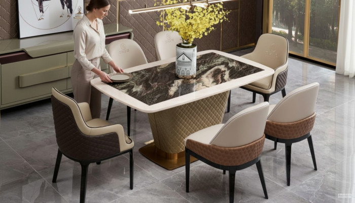 Dining Room Set Dining Table Chair Set 7-piece Leather Stainless Steel Arm Chairs