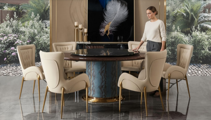 Design round table 6x armchairs chairs dining room seating upholstery set round