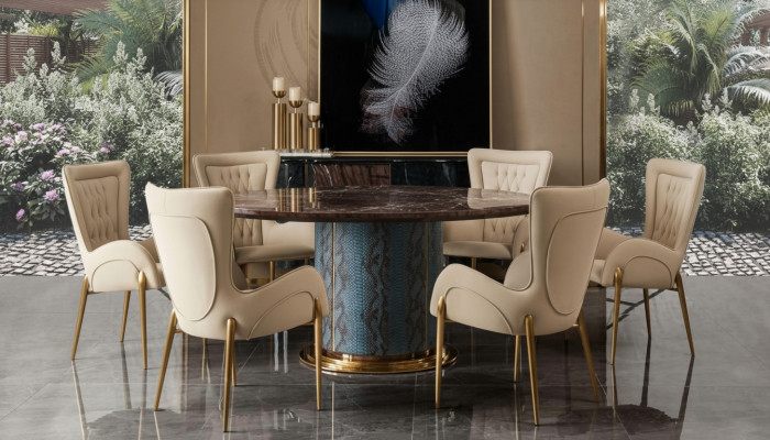 Design round table 6x armchairs chairs dining room seating upholstery set round