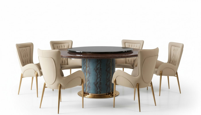 Design round table 6x armchairs chairs dining room seating upholstery set round