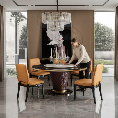 Luxury designer dining room with round dining table & 6 x metal armchairs