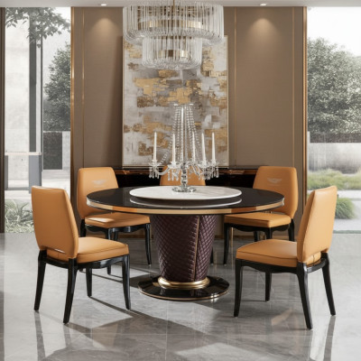 Luxury designer dining room with round dining table & 6 x metal armchairs