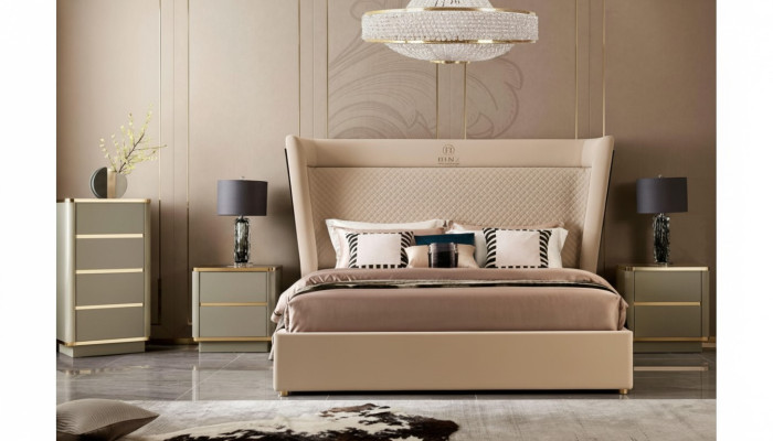 Designer bedroom bed 2 bedside tables dresser 4-piece set new