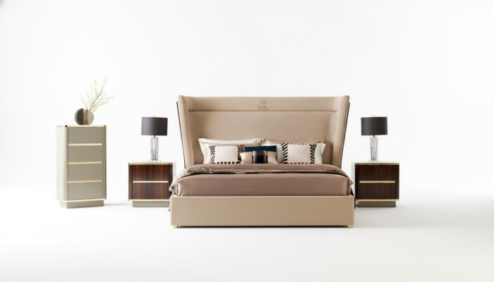 Designer bedroom bed 2 bedside tables dresser 4-piece set new