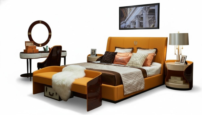 Bed, nightstand, stool 4-piece bedroom set modern design luxury beds new
