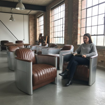 Armchair Genuine Leather Couch Sofa Airplane Club Lounge Retro Aviator Vintage Aluminum