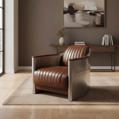Armchair Genuine Leather Couch Sofa Airplane Club Lounge Retro Aviator Vintage Aluminum