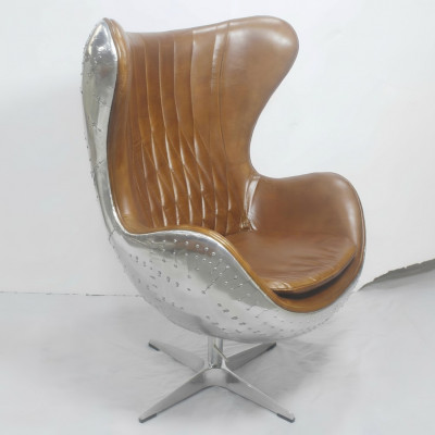 Vintage shell chair aluminum genuine leather rocking function egg chair brown