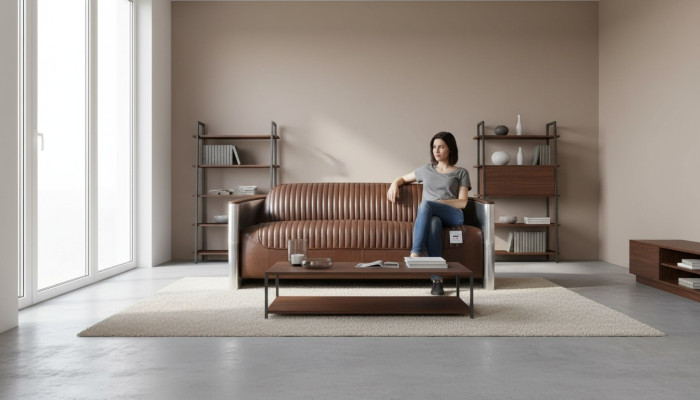 Genuine Leather Sofa Leather Designer Sofa 3-Seater Vintage Couch Aluminum Aircraft Metal