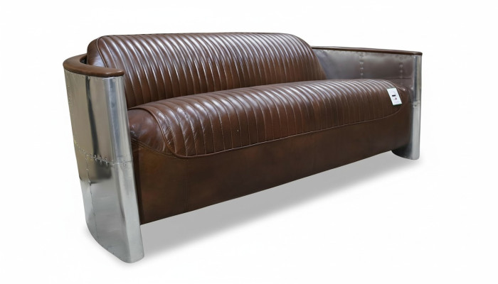 Genuine Leather Sofa Leather Designer Sofa 3-Seater Vintage Couch Aluminum Aircraft Metal