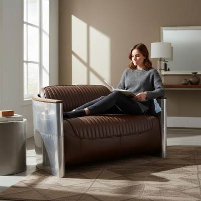 Genuine Leather Aluminum Sofa 2-Seater Vintage Leather Furniture Leather Sofa Club Sofa Couch
