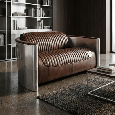 Genuine Leather Aluminum Sofa 2-Seater Vintage Leather Furniture Leather Sofa Club Sofa Couch