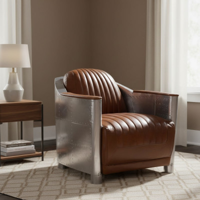 Armchair genuine leather couch sofa club lounge retro aviator vintage aluminum airplane