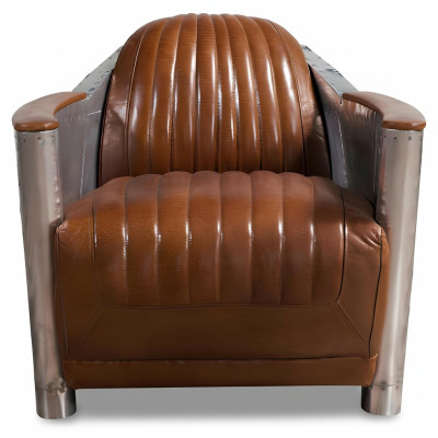 Armchair genuine leather couch sofa club lounge retro aviator vintage aluminum airplane