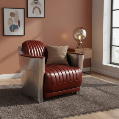 Sofa Armchair Genuine Leather Couch Club Lounge Retro Aviator Vintage Aluminum Airplane